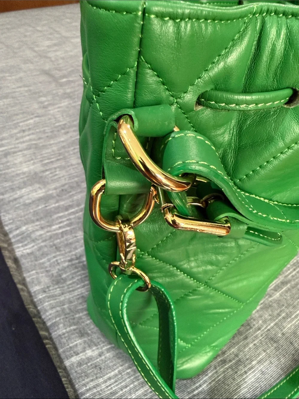 Green genuine Leather bucket Tote with Italian Craftsmanship